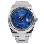 This Rolex Datejust II was recently traded in to our store and is in very good condition! This piece does not come with the original box or papers, but it will come in a Moyer box with pillow. This watch has a stainless steel case and features a blue roman dial. This model has a stainless steel oyster bracelet.This piece was sold in October 2019. If you are looking for this piece, please reach out to us!