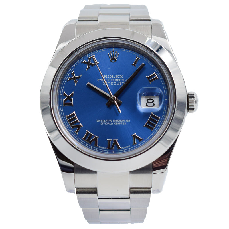 This Rolex Datejust II was recently traded in to our store and is in very good condition! This piece does not come with the original box or papers, but it will come in a Moyer box with pillow. This watch has a stainless steel case and features a blue roman dial. This model has a stainless steel oyster bracelet.This piece was sold in October 2019. If you are looking for this piece, please reach out to us!