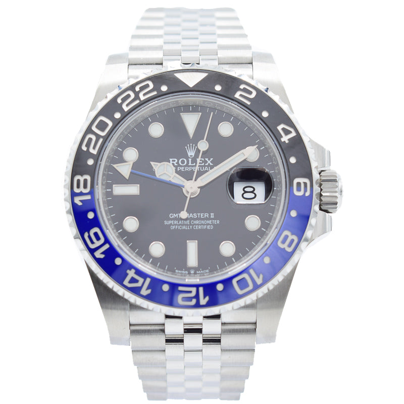 This Rolex GMT-Master II was recently traded in to our store and is in very good condition! This watch comes with the full box and papers. The new GMT-Master II Batman was introduced this year on a jubilee bracelet. With this drop being so recent, these are super hard to come by and the wait lists are long! This is the perfect opportunity to pick one up in very good condition with the full box and papers!This piece was sold in October 2019. If you are looking for this piece, please reach out to 
