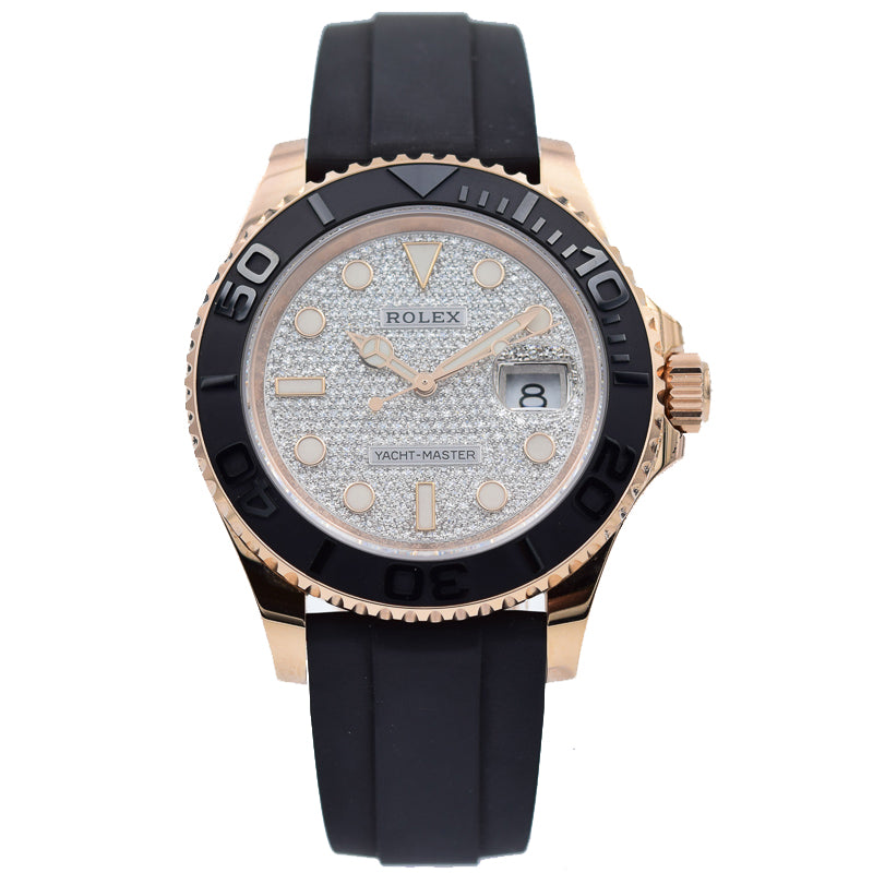 This Rolex Yacht-Master was recently traded in to our store and is in very good condition! This Rolex is in a 40mm, 18k Everose gold case case with a diamond pave dial. It is on an oyster-flex bracelet with an 18k rose gold deployant buckle. This is a special piece that is hard to find. If you have any further questions, please reach out to us!This piece was sold in December 2019. If you are looking for something similar, please reach out to us!