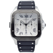 This Cartier Santos was recently traded in to our store and comes with the full box and papers. This piece is in very good condition and shows little to no wear from the previous owner. The watch is in a 43mm stainless steel case on a rubber strap with a deployant buckle.This piece was sold in November 2019. 