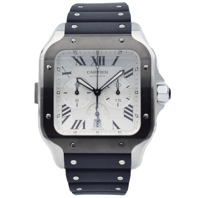 This Cartier Santos was recently traded in to our store and comes with the full box and papers. This piece is in very good condition and shows little to no wear from the previous owner. The watch is in a 43mm stainless steel case on a rubber strap with a deployant buckle.This piece was sold in November 2019. 