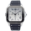 This Cartier Santos was recently traded in to our store and comes with the full box and papers. This piece is in very good condition and shows little to no wear from the previous owner. The watch is in a 43mm stainless steel case on a rubber strap with a deployant buckle.This piece was sold in November 2019. 