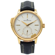 This Jaeger-LeCoultre may look like a simple and clean design, but underneath the sleek simpleness hides an absolutely incredible horological movement.  This JLC features the Minute Repeater function, but not only is it a minute repeater, it uses the Crystal Gong system by chiming through the front crystal to resonate the sound easily out to the owner.  Most systems utilize the rear crystal which can muffle the sound.  If you look at the dial, you will notice the gold piece with the inscription 