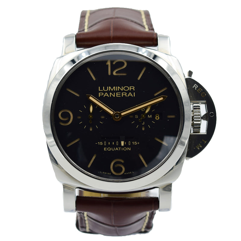 This Panerai Luminor Equation of Time was recently traded in and comes with the full box and papers! This piece is in very good condition. There is only very minor wear on this watch. The Equation of Time complication is a unique one that shows the variance between the solar time and the displayed time. This watch was limited to only 100 pieces and a very tough piece to find.  This is a manual wind 8 day power reserve piece with an exhibition case-back.  This is an incredible Panerai, please let
