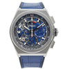 This Zenith DEFY El Primero 21 is in very good condition and comes with the full box and papers. This model features a dual-escapement movement, with the second being for the chronograph. This model has a skeleton dial with blue accents. The strap is rubber with a crocodile leather on top on a deployant clasp.