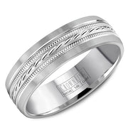 A white gold wedding band with a milgrain patterned center.