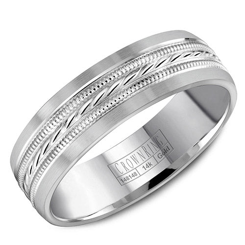 A white gold wedding band with a milgrain patterned center.
