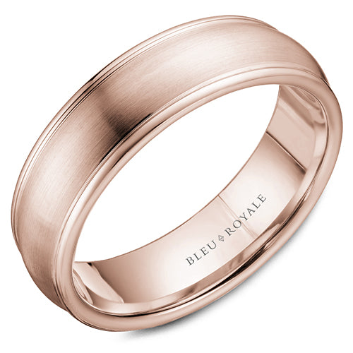 A brushed rose gold wedding band with polished edges. This ring is available in 14K, 18K (White, Yellow & Rose gold), Platinum 950 & Palladium, please call for pricing.