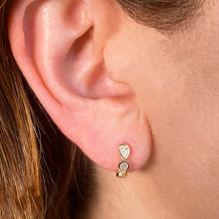 14K Yellow Gold Diamond Pear Bezel Huggie Earrings - SC55024448