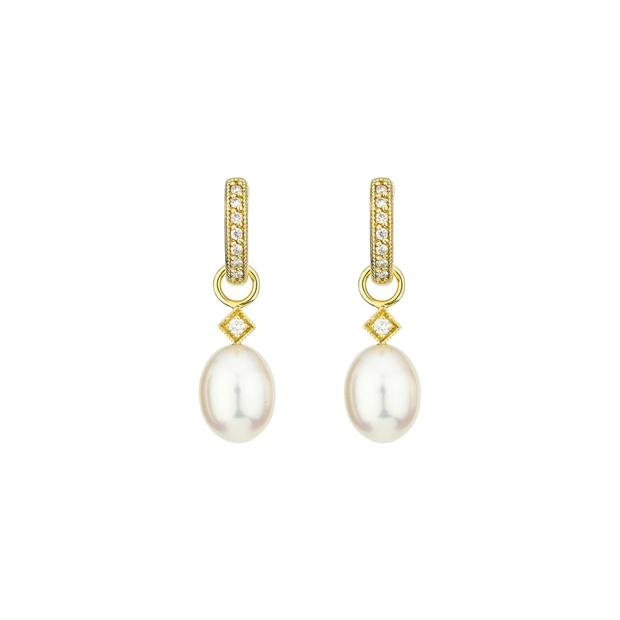 From the Lisse Collection, the Pearl Briolette Earring Charms feature 18K yellow gold with prong set round diamonds and white pearl drops. Hoops and earring charms sold separately.Gemstone	White PearlMetal	18K Yellow GoldWeight	0.03Length	11 mmWidth	6 mm
