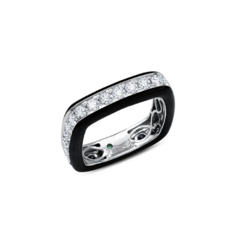 This 18K white gold band is not your average diamond band! From the top, 1.75 carat total weight G-H color white diamonds sparkle brilliantly. On the sides, the wearer gets the view of black enamel giving the ring an overall vintage appearance. 