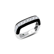 This 18K white gold band is not your average diamond band! From the top, 0.83 carat total weight G-H color white diamonds sparkle brilliantly. On the sides, the wearer gets the view of black enamel giving the ring an overall vintage appearance. 