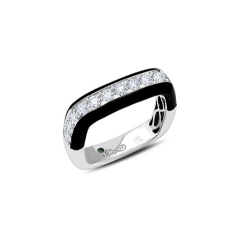 This 18K white gold band is not your average diamond band! From the top, 0.83 carat total weight G-H color white diamonds sparkle brilliantly. On the sides, the wearer gets the view of black enamel giving the ring an overall vintage appearance. 