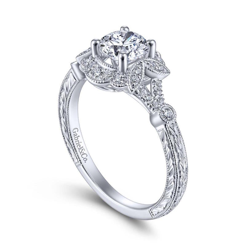 Gabriel & Co 14k White Gold Victorian Vintage Halo Diamond Engagement Ring