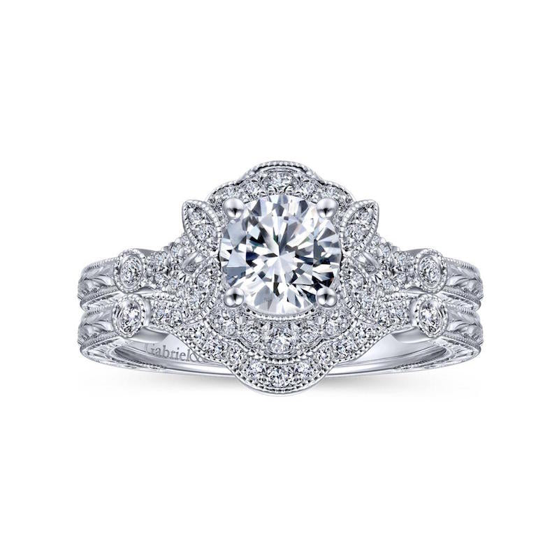 Gabriel & Co 14k White Gold Victorian Vintage Halo Diamond Engagement Ring
