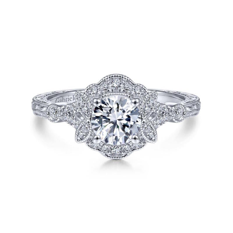 14k White Gold Victorian Halo Engagement Ring. SETTING ONLY, center stone not included.