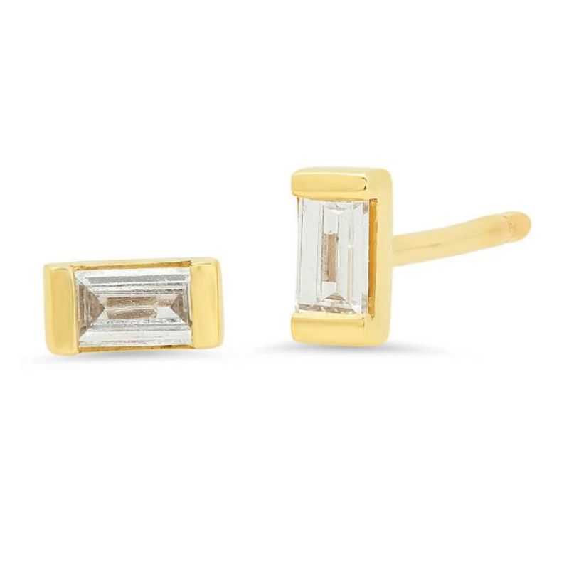 I've been searching for these studs all my life. The Diamond Baguette Studs are made up of 0.15 carats worth of channel-set diamonds and fill the need of that not-too-big and not-too-small baguette stud shape that looks great laid horizontally or vertically on the lobe. They can be dressed up or down, and can be worn in any of your ear holes. They look amazing next to our Diamond Party Hoops. These Eriness earrings are not to be missed.