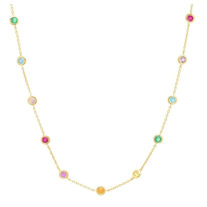 The traditional diamond-by-the-yard style, only with designer Erin Sachse's playful twist. The Rainbow Bezel Set Necklace is the timeless shape we've always loved, but with 2.17 carats of rubies, sapphires, amethysts, emeralds, and aquamarines to take the spotlight as opposed to diamonds. Wear it on its own or layered next to our Diamond Baguette Necklace and this Eriness signature necklace will sure to elicit questions like where did you get that? and can I buy it off of you? This necklace can 