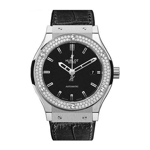 An intricate watch will always convey sophistication and style- and this timepiece from Hublot brings you just that. With a Polished bezel, this treasure represents thorough craftsmanship. Resting upon the Bezel are dazzling diamond stones that border the watch mesmerizingly. The Titanium case that encloses this  pieces  mechanism is also evidence of the quality that comes from this stylish item. The contrasting Black dial color adds a pronounced sense of luxury. Also important to note is the Sc