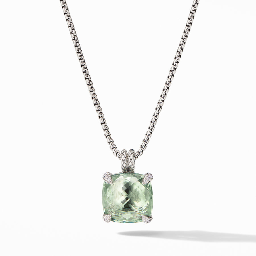 Sterling silver ��� Prasiolite, Pav? diamonds, .08 total carat weight,  ��� Adjustable length, 17-18 ��� Pendant, 14mm ��� Lobster clasp-