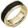A yellow gold wedding band with a black carbon center. This ring is available in 14K, 18K (White, Yellow & Rose gold), Platinum 950 & Palladium, please call for pricing.