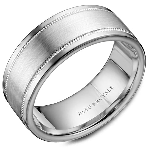 A white gold wedding band with milgrain detailing. This ring is available in 14K, 18K (White, Yellow & Rose gold), Platinum 950 & Palladium, please call for pricing.
