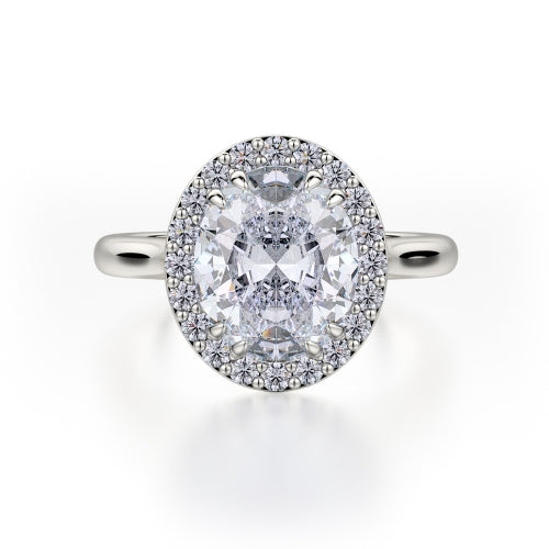 This immaculate Michael M engagement ring is displayed with a stunning oval shaped center diamond (not included at time of purchase), and can fit an array of diamonds ranging in size from 2.40 carats to 2.60 carats.