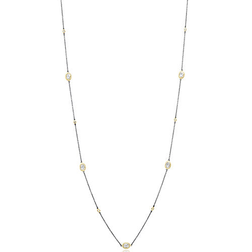 Freida Rothman 36 14K Gold & Black Rhodium Plated / Rhodium Plated Sterling Silver Necklace With Hand Cut CZ Stones.