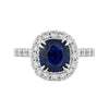 From Christopher Design Collection, this 18K white gold fashion ring features round brilliant cut diamond halo and 2.02 carat blue sapphire cushion cut center and prong set diamond sides with totaling 0.72 ctw of diamonds.