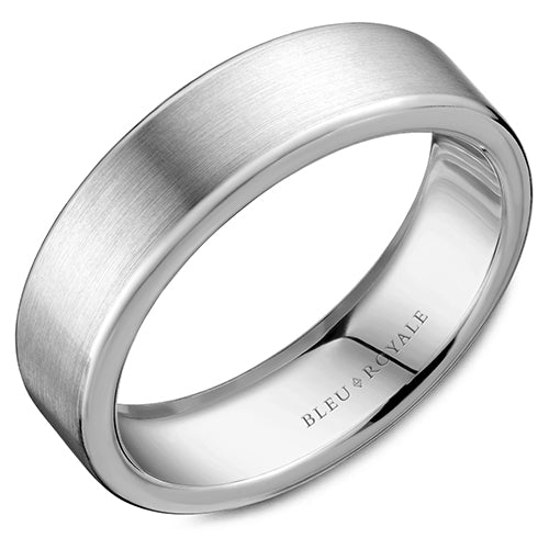 A brushed white gold wedding band. This ring is available in 14K, 18K (White, Yellow & Rose gold), Platinum 950 & Palladium, please call for pricing.