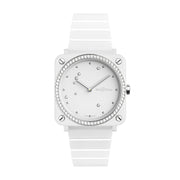 Movement: calibre BR-CAL.102. QuartzFunctions: hours and minutes.Case: 39 mm in diameter. White ceramic. Steel bezel set with white diamonds (66 stones totalling 0.99 ct).Dial: white. Hour circle featuring metal appliqu?