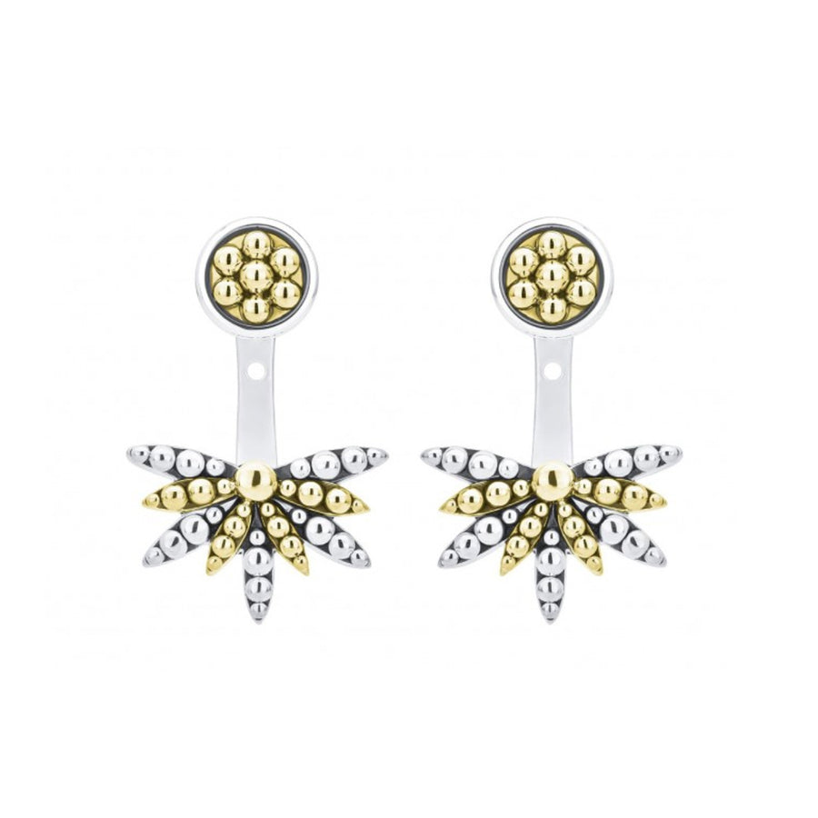 Detailed 18K gold Caviar front studs pair with sterling silver and 18K gold beaded backs on these chic front-back earrings. Finished with 14k gold posts. Back height adjusts for a perfect fit.- Sterling Silver & 18K Gold- 14K Gold Post- Dimensions 22mm x 15mm- STYLE #: 01-81833-00