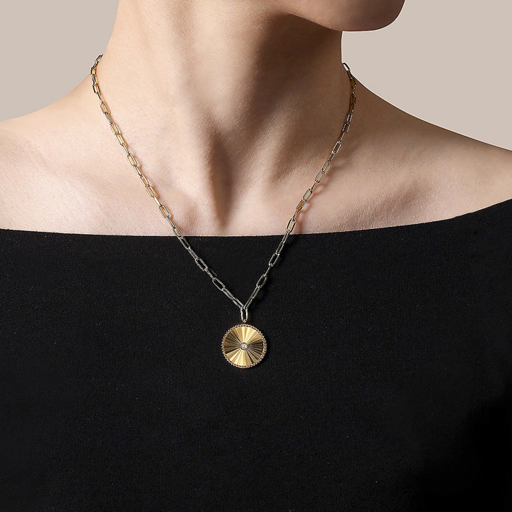 Gabriel & Co. 14K Yellow Gold Textured Diamond Medallion Hollow Chain Necklace - NK6841-18Y45JJ
