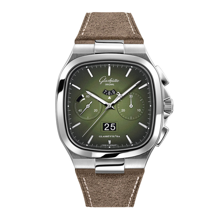 Glashutte Original Seventies Chronograph Panorama Date Fab Green on Leather Strap - 1-37-02-09-02-62