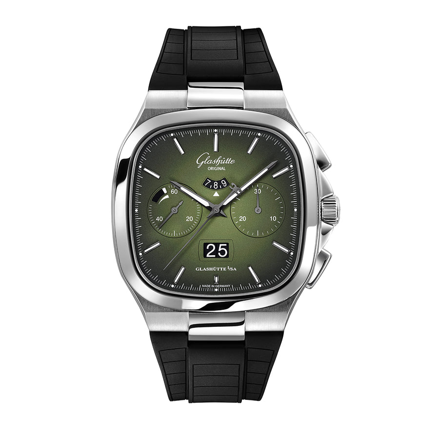 Glashutte Original Seventies Chronograph Panorama Date Fab Green on Rubber Strap - 1-37-02-09-02-63