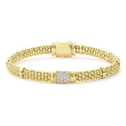 Diamonds highlighted by 18K gold Caviar beading forms this signature bracelet. Finished with a signature box clasp. LAGOS diamonds are the highest quality natural stones.18K Gold0.31 CaratBox ClaspRope Width 6mmStyle #: 05-10321-DDS