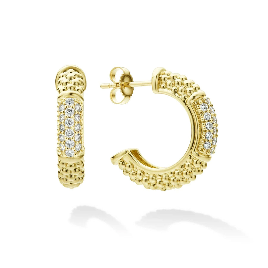 Diamonds set with 18K gold form these classic Caviar hoop earrings. Finished with 18K gold post backing. LAGOS diamonds are the highest quality natural stones.18K Gold0.41 Carat18K Gold PostDiameter 20mmStyle #: 01-11026-DD