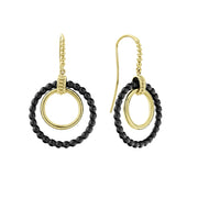 Circle drop earrings with 18k gold and black ceramic.18K GoldFrench WireDimensions 10mm x 24mmStyle #: 01-11039-CB