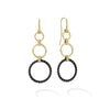 Circle drop earrings with 18k gold and black ceramic. Ideal to style with other Gold & Black Caviar designs.- 18K Gold- French Wire- Dimensions 65mm x 23mm- STYLE #: 01-11040-CB