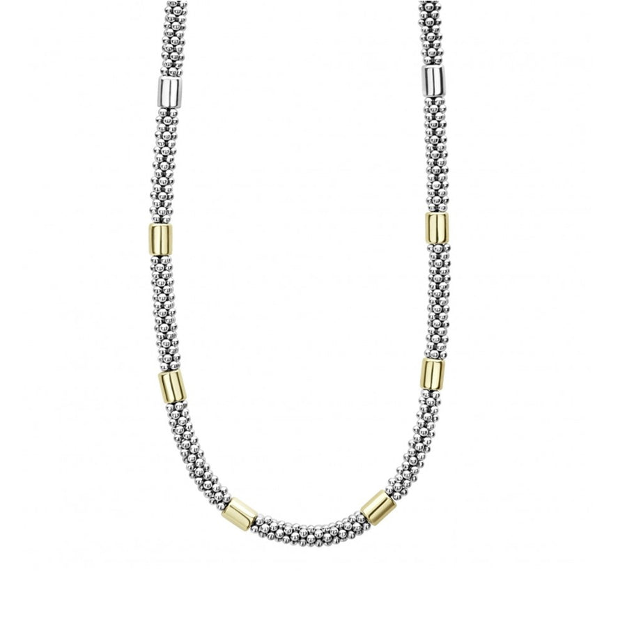 Smooth stations of 18K gold and sterling silver surrounded by Caviar beading. Finished with a signature lobster clasp.Sterling Silver & 18K GoldSignature Lobster ClaspDimensions 6mm x 8mmRope Width 5mmSTYLE #: 04-81118
