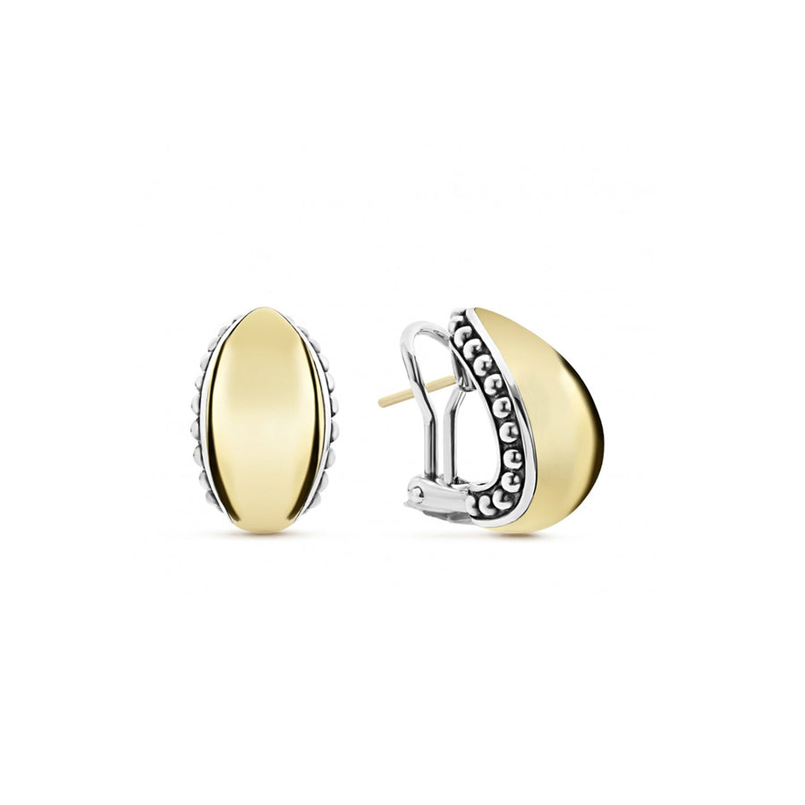 Smooth stations of 18K gold are surrounded by sterling silver Caviar beading on these classic earrings. Finished with 14K gold posts and omega backing.- Sterling Silver & 18K Gold- Omega Clip and Post- Dimensions 18mm x 12mm- STYLE #: 01-81793-00