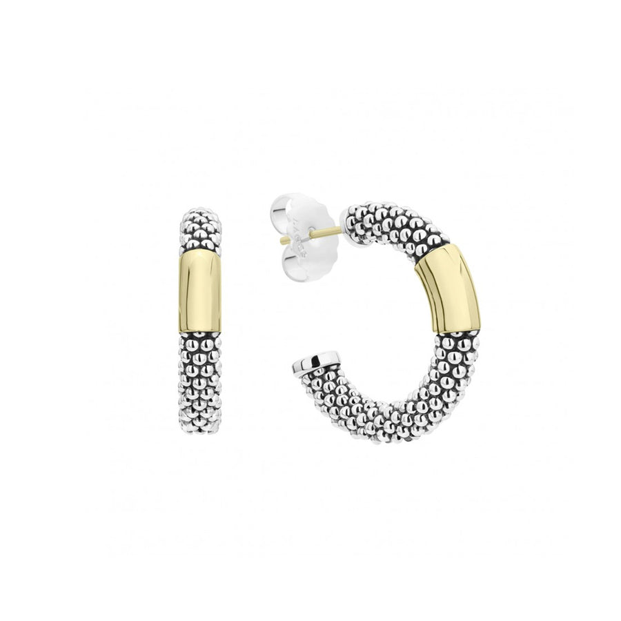 Hoop earrings with smooth 18K gold and sterling silver Caviar beading. Finished with 14k gold post backing.- Sterling Silver & 18K Gold- 14K Gold Post- Diameter 27mm- Width 5mm- STYLE #: 01-81882-00