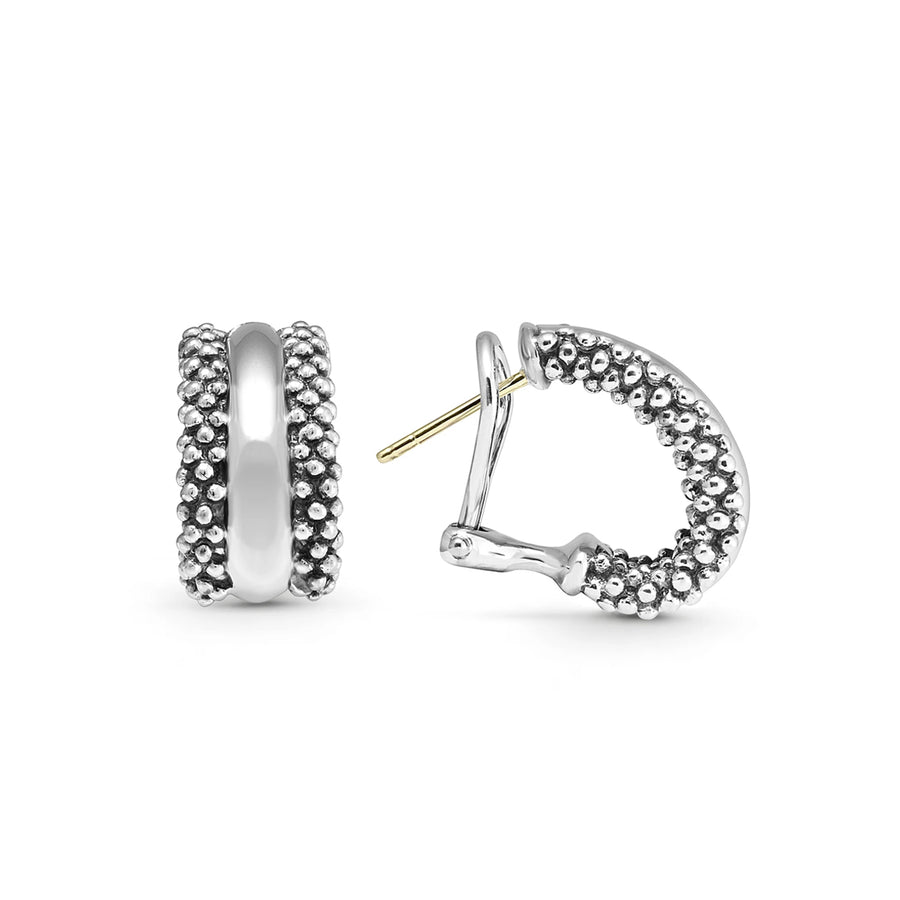 Sterling silver hoop earrings with signature sterling silver Caviar beading. Finished with omega and 14k gold post-backs.Sterling SilverOmega Clip and PostDimensions 20mm x 9mmStyle #: 01-80717-M