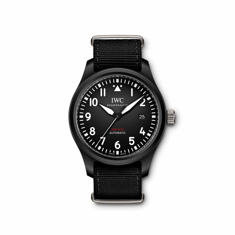 The Pilots Watch Automatic TOP GUN is equipped with the IWC-manufactured 32110 calibre. The robust and reliable automatic movement has bidirectional pawl-winding that builds up a power reserve of 72 hours. With a diameter of 41 millimetres, this sporty watch is housed in a case made of non-reflecting, black zirconium oxide ceramic and fits perfectly on any wrist. Case: Ceramic, 41mm x 11.4mm Dial: Black dial with luminescence  Movement: Automatic, self-winding, 72 hours power reserve Strap: Blac