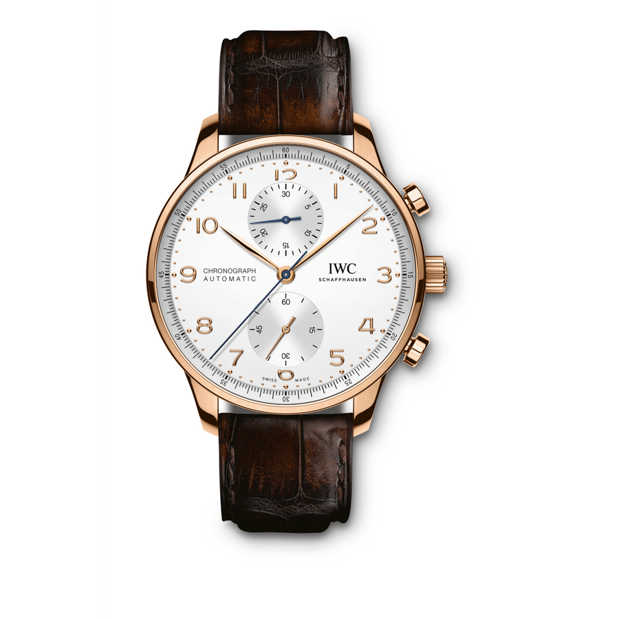 The Portugieser Chronograph is one of IWC Schaffhausen's most iconic models. With its compact diameter of 41 millimetres, it fits almost any wrist. However, the thin bezel gives one the impression of wearing a significantly larger watch. The clear, functional dial boasts applied Arabic numerals and slender Feuille hands. Printed with a quarter-second scale, the characteristic rhaut not only allows precise reading of the stop time but also reminds us of the Portugieser's origins as a nautical pre