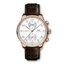 The Portugieser Chronograph is one of IWC Schaffhausen's most iconic models. With its compact diameter of 41 millimetres, it fits almost any wrist. However, the thin bezel gives one the impression of wearing a significantly larger watch. The clear, functional dial boasts applied Arabic numerals and slender Feuille hands. Printed with a quarter-second scale, the characteristic rhaut not only allows precise reading of the stop time but also reminds us of the Portugieser's origins as a nautical pre