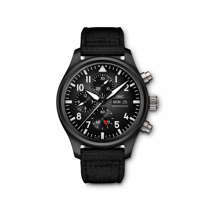 The TOP GUN Chronograph was developed using robust and corrosion-resistant materials such as ceramic and titanium for the elite among the US Navys jet pilots. For the first time ever, IWC has equipped this classic with an in-house movement from the 69000-calibre family. Case: Ceramic Case Diameter: 44.5mm Movement: Automatic Self-winding 46 hours power reserve Strap: Black Textile Strap, 21mm Width Dial: Black dial with luminescence