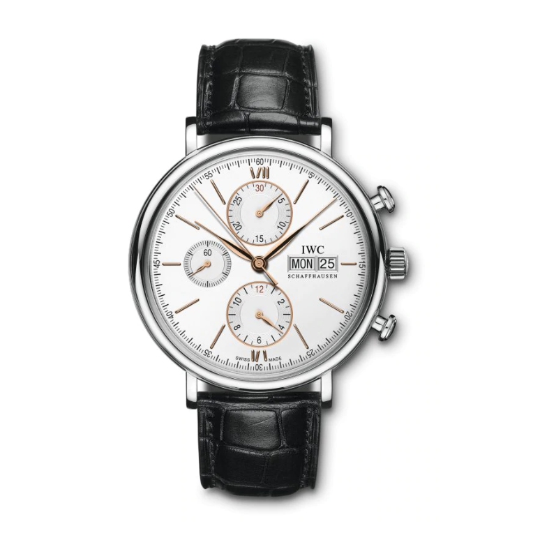 The Portofino Chronograph takes its design cues from the 1960s, with elegantly sporty push-buttons and chronograph displays. The 42mm stainless-steel chronograph watch has a convex sapphire glass and appliqu Roman numerals on its silver-plated dial. It is powered by the tried and tested self-winding 75320 calibre with its 44-hour power reserve and comes with a black alligator leather strap.