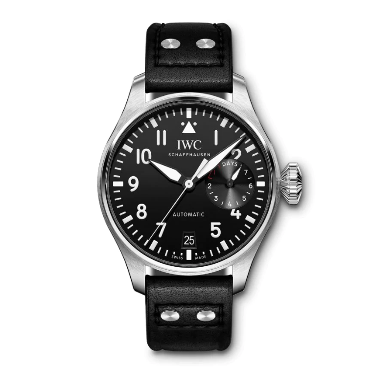 In 2016, IWC took a step back towards the roots of the Big Pilot's Watch and gave it a gentle facelift. The IWC-manufactured 52110-calibre movement unites some of watchmaking's greatest achievements. It features an efficient Pellaton automatic winding system with parts made from black or white ceramic. With the help of two barrels, it builds up a reserve of 7 days. The display at 3 o'clock indicates the time remaining until the movement comes to a stop. The Big Pilot's Watch has a date display a